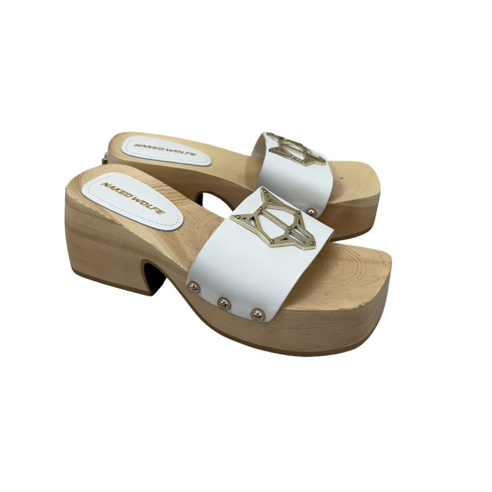 Naked Wolfe Woody Platform White Leather Wooden Heeled Slide Sandals Womens sz 9